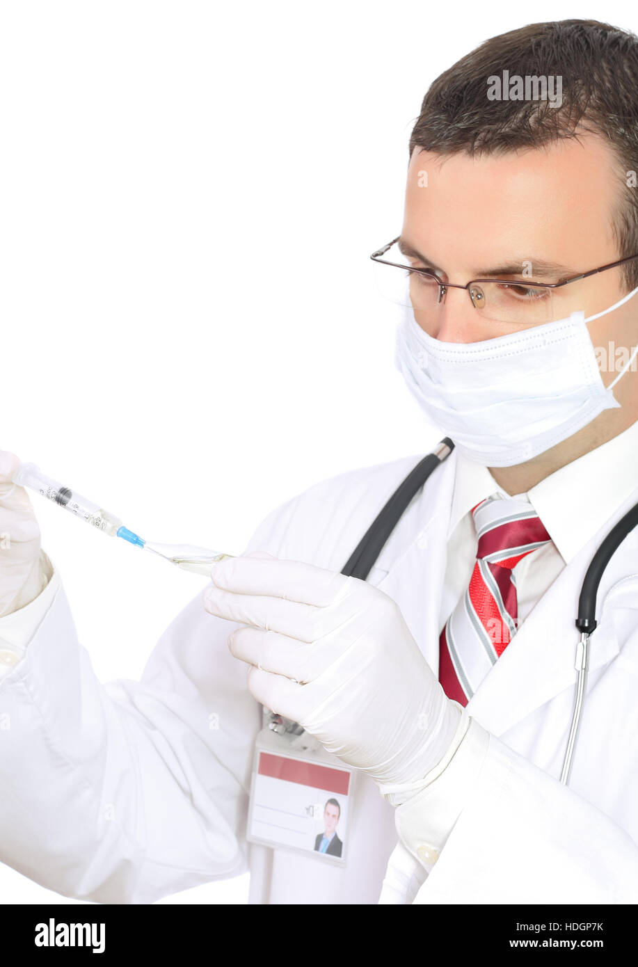 Doctor fill syringe medication from ampule. Isolated over white Stock