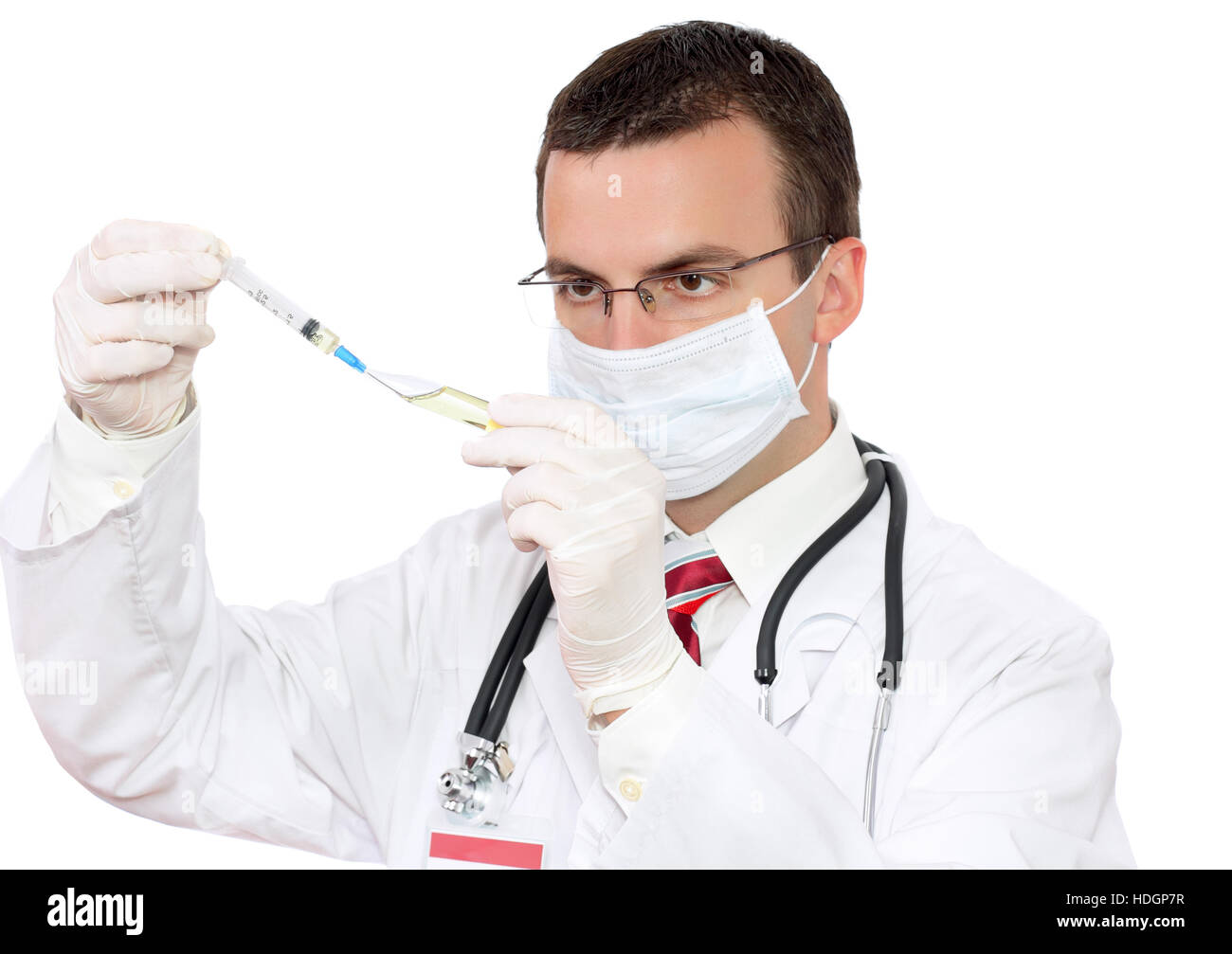 Doctor fill syringe medication from ampule. Isolated over white Stock