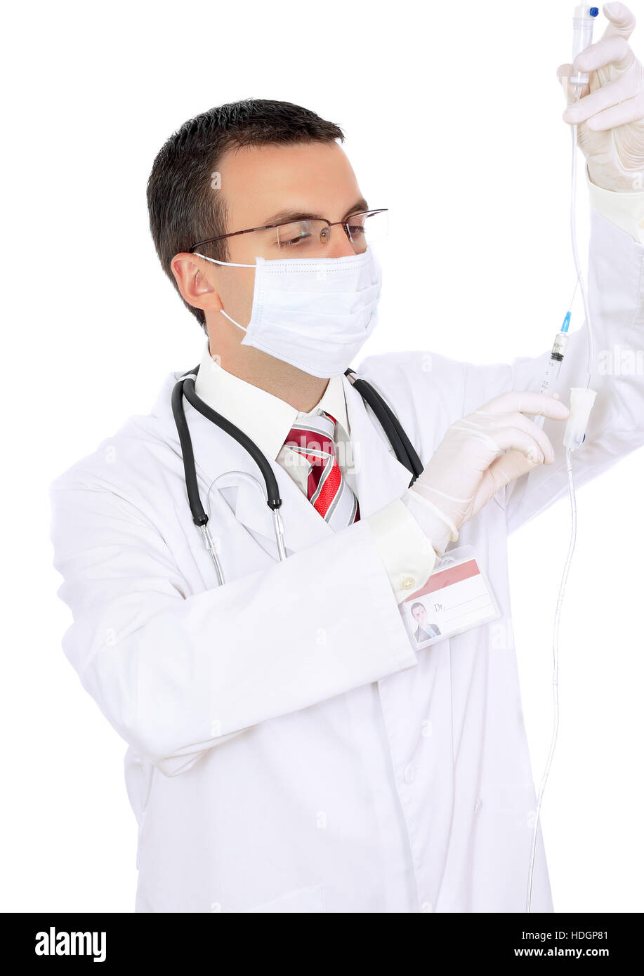 Doctor attach syringe medication to (medicine) dropper. Isolated Stock