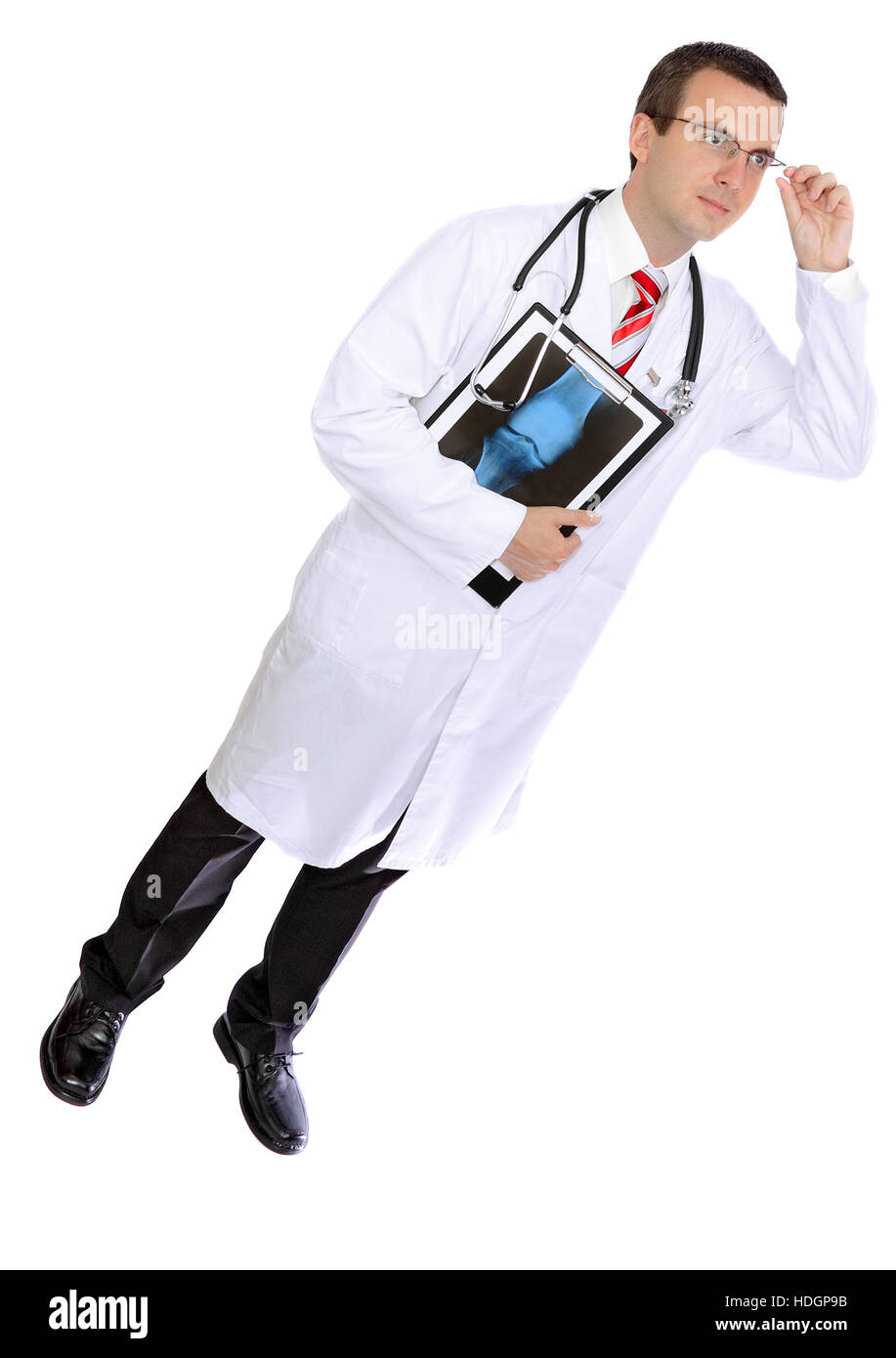 Friendly medical doctor stand with a xray image and medical pad