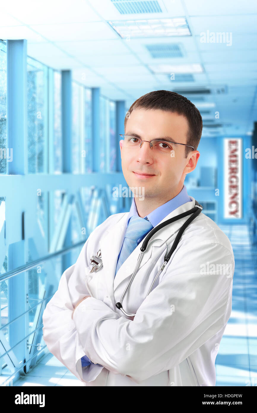 Friendly medical doctor stand in Hospital corridor Stock Photo Alamy