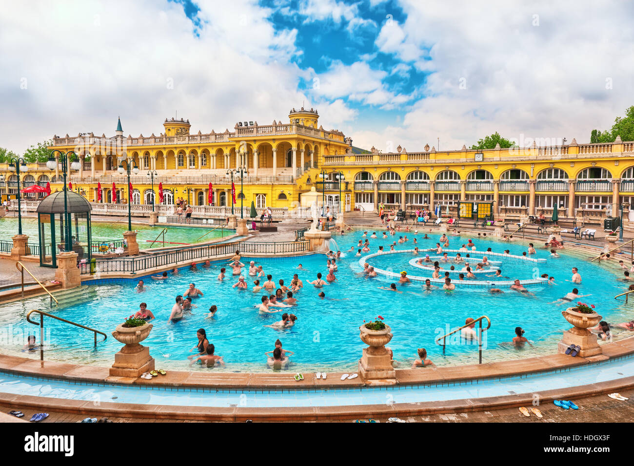 BUDAPEST, HUNGARY - MAY 02,2016: Courtyard of Szechenyi Baths, Hungarian thermal bath complex and spa treatments. Stock Photo