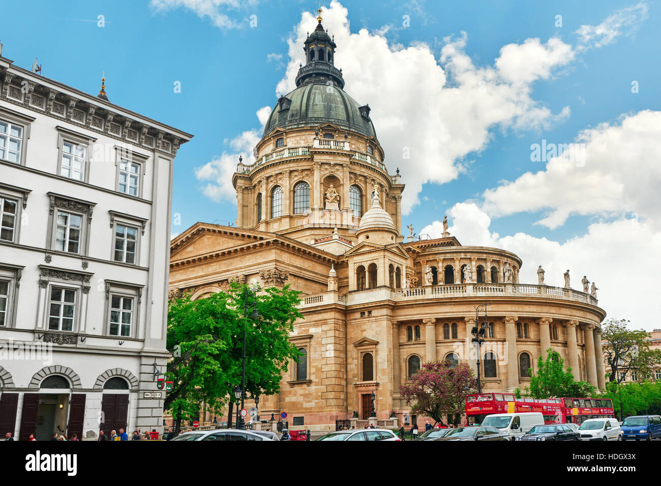 BUDAPEST,HUNGARY-MAY 02,2016: St.Stephen Basilica in Budapest at daytime,people on street near Basilica. Hungary. Stock Photo