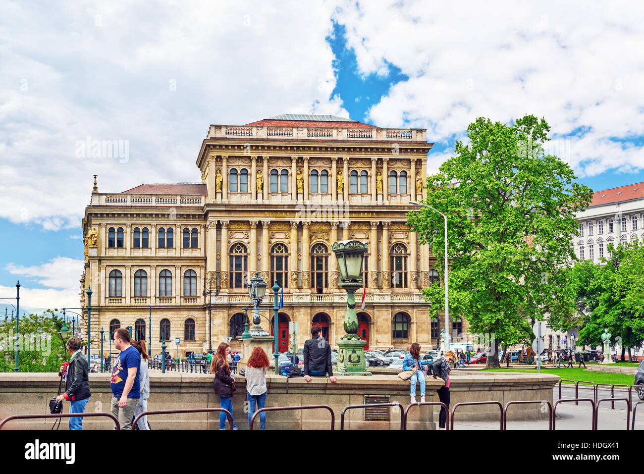 BUDAPEST,HUNGARY-MAY 02,2016:Beautiful landscape urban view,city streets,people,architecture of the Budapest,capital of Hungary. Stock Photo