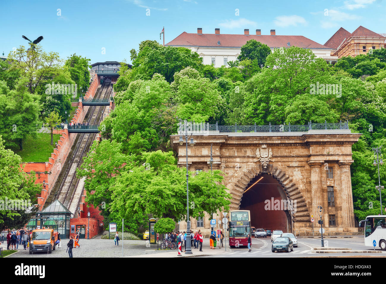 BUDAPEST, HANGARY-MAY 02, 2016: Funicular Royal Castle of Hungarian kings and road tunnel. Buda Hill Funicular was destroyed in World War II and rebui Stock Photo