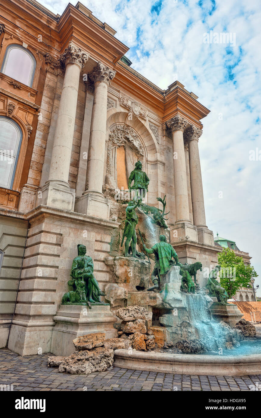 BUDAPEST, HUNGARY-MAY 03, 2016 : Matthias Fountain-is a monumental fountain group in the western forecourt of Buda Castle, Budapest. Hungary Stock Photo