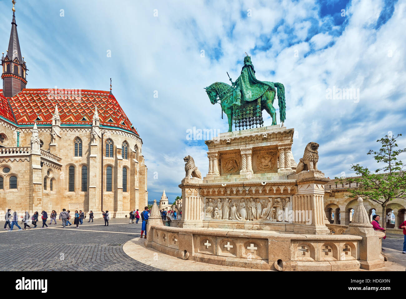 BUDAPEST, HUNGARY-MAY 03, 2016: View on the Old Fisherman Bastion in Budapest. Statue Saint Istvan and people near. Hungary. Stock Photo