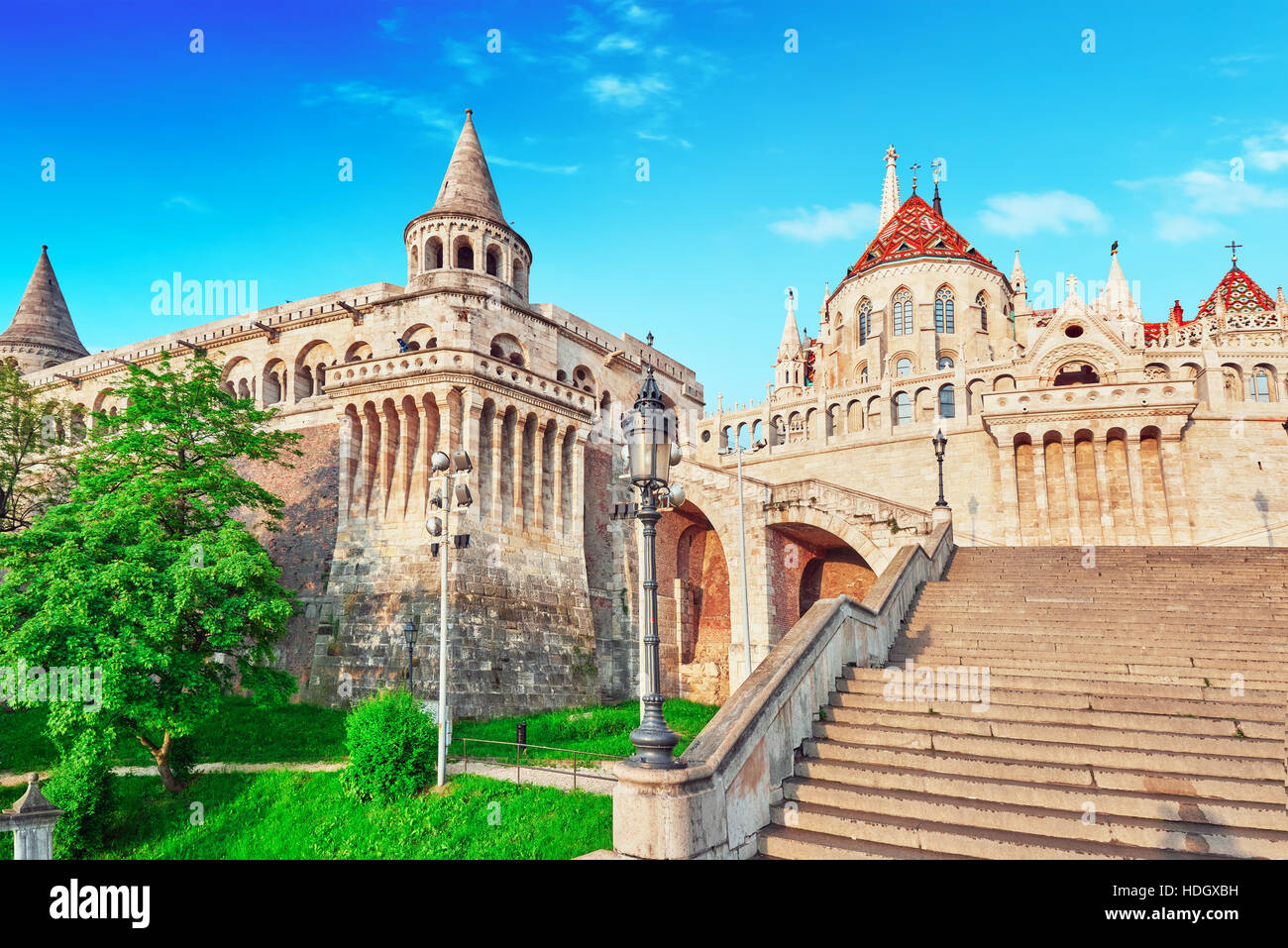 View on the Old Fishermen Bastion in Budapest at morning time. Hungary. Stock Photo