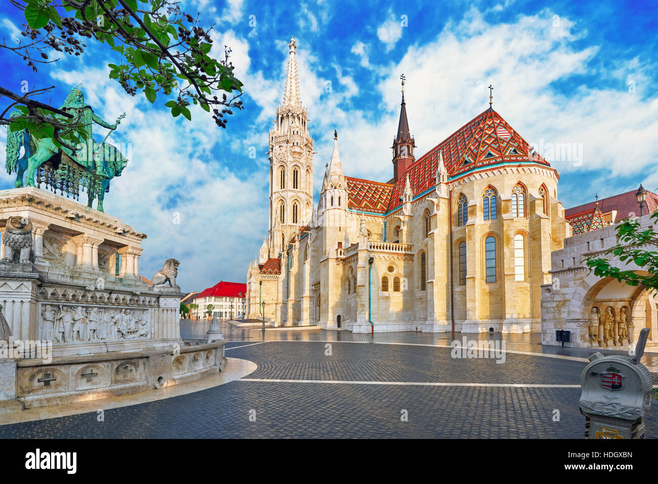 View on the Old Fisherman Bastion in Budapest. Statue Saint Istvan Stock Photo