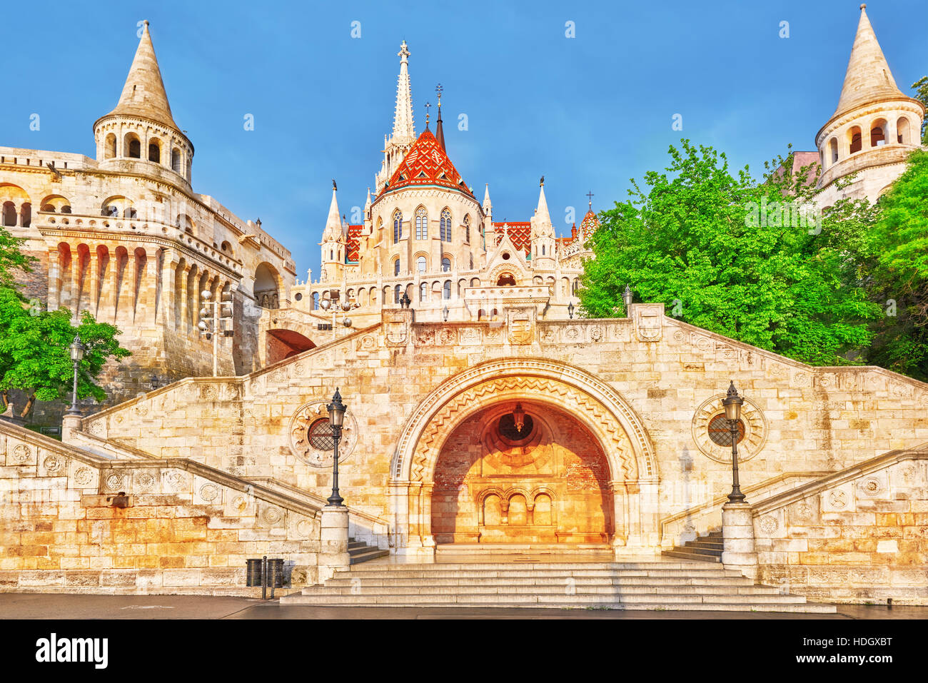 View on the Old Fishermen Bastion in Budapest at morning time. Stock Photo