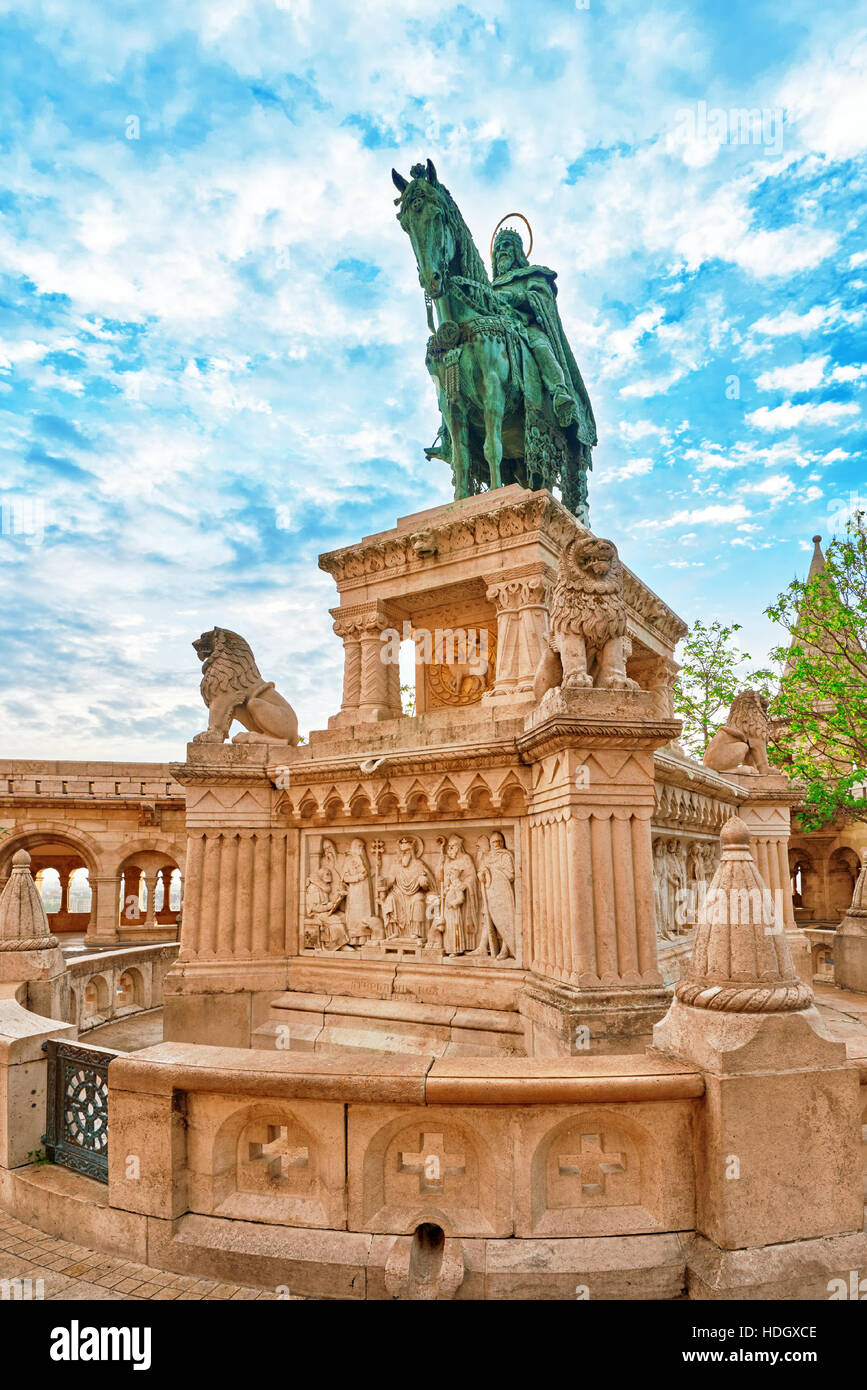 View on the Old Fisherman Bastion in Budapest. Statue Saint Istvan Stock Photo
