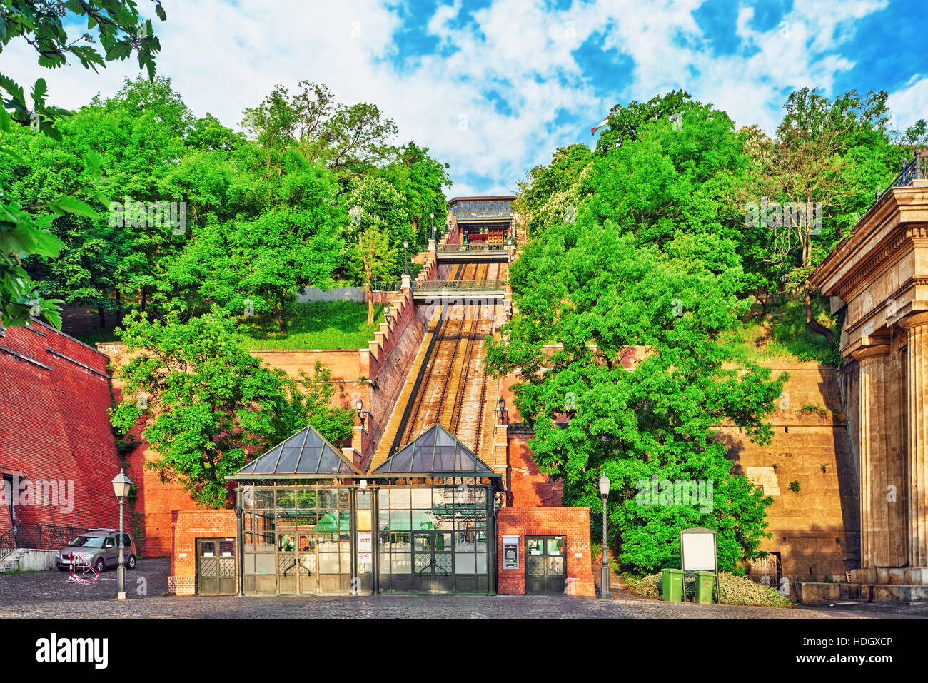 Funicular to lift up the mountain on which stands the Royal Palace of Hungarian kings. Stock Photo