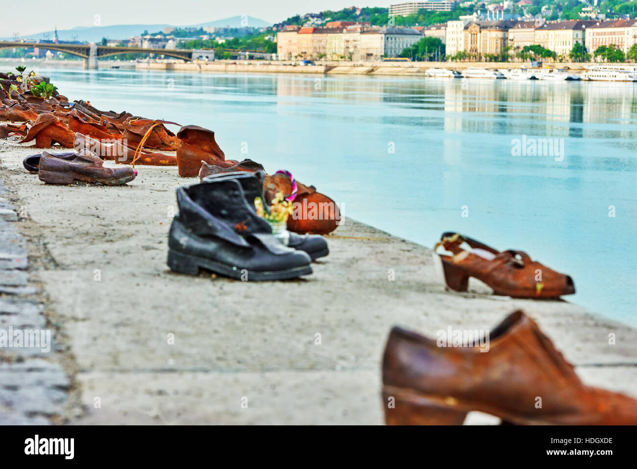 BUDAPEST,HUNGARY-MAY 04, 2016 :Historic sculpture art  installation- 'Shoes on the Danube' in memory of the Jews killed during the Second World War.F Stock Photo