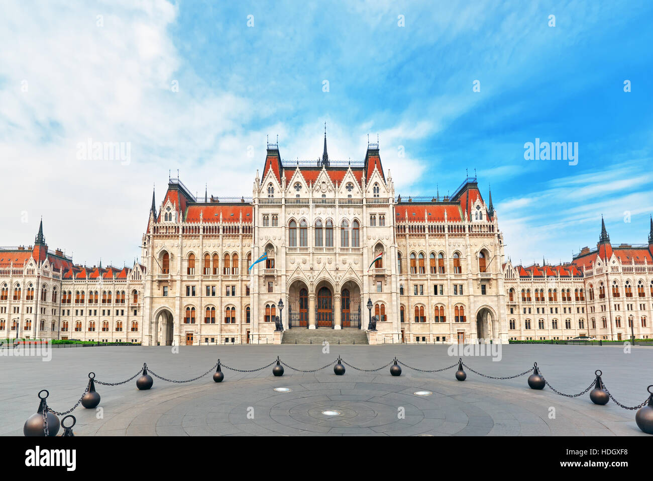 Hungarian Parliament Main Entrance. Panoramic view. Hangary. Stock Photo