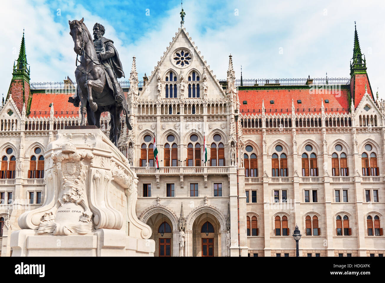 Hungarian Parliament  with statue Andrassy Gyvla. Budapest. Stock Photo