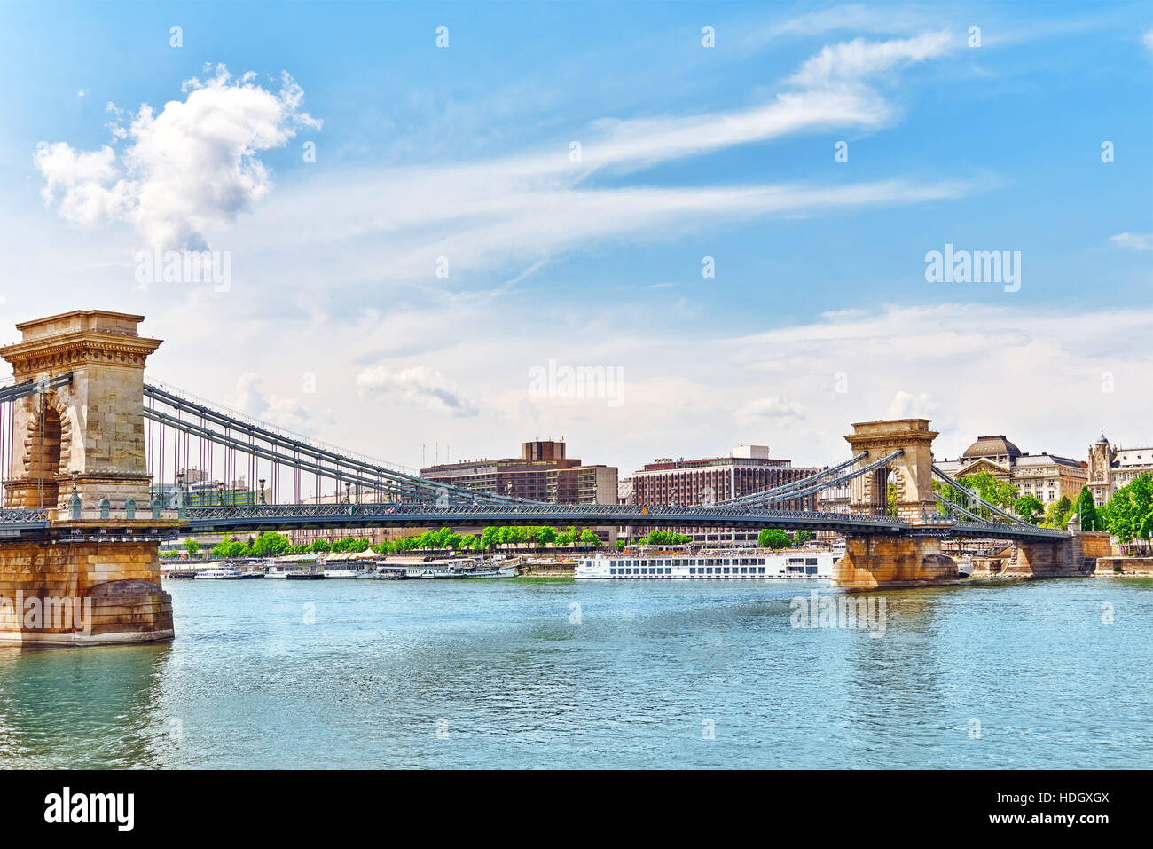 Szechenyi Chain Bridge at morning time. Budapest, Hungary. Stock Photo