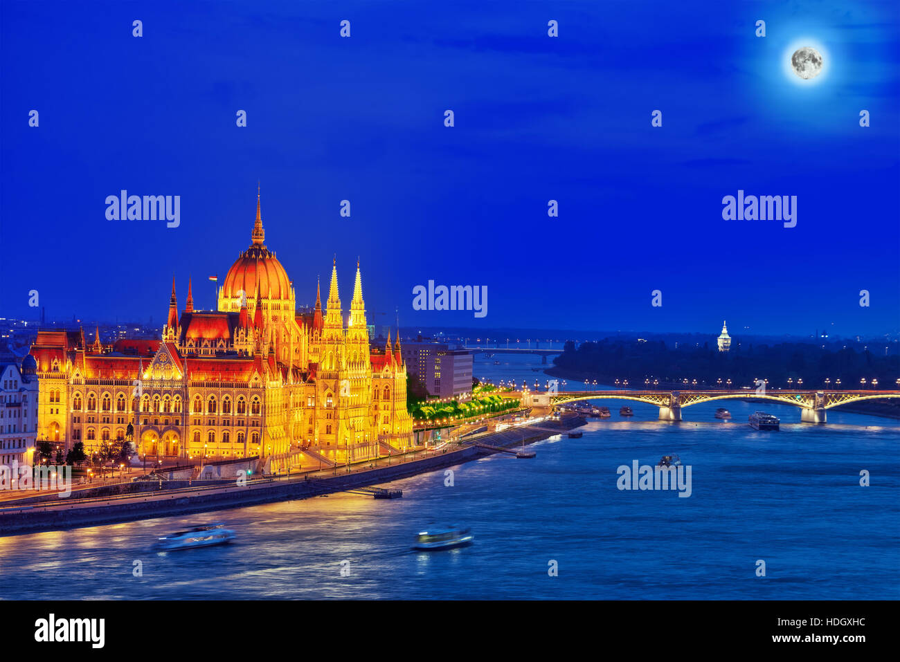 Hungarian Parliament and Margaret bridge at night. Budapest. Hungary. Stock Photo