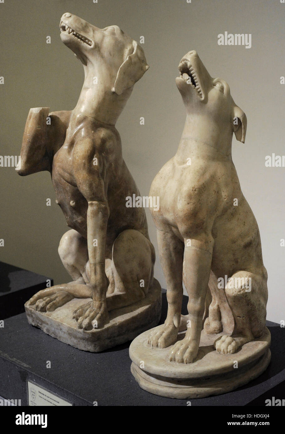 Roman art. Statues. Dogs crouching. Roman Imperial Age. National Archaeological Museum, Naples. Italy. Stock Photo