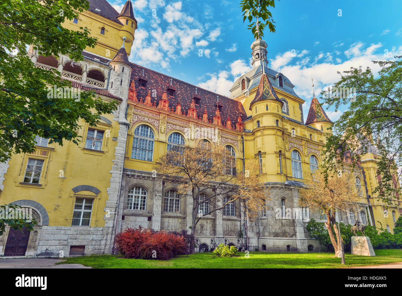 Vajdahunyad Castle (Hungarian-Vajdahunyad vara) is a castle in the City Park of Budapest, Hungary. Stock Photo