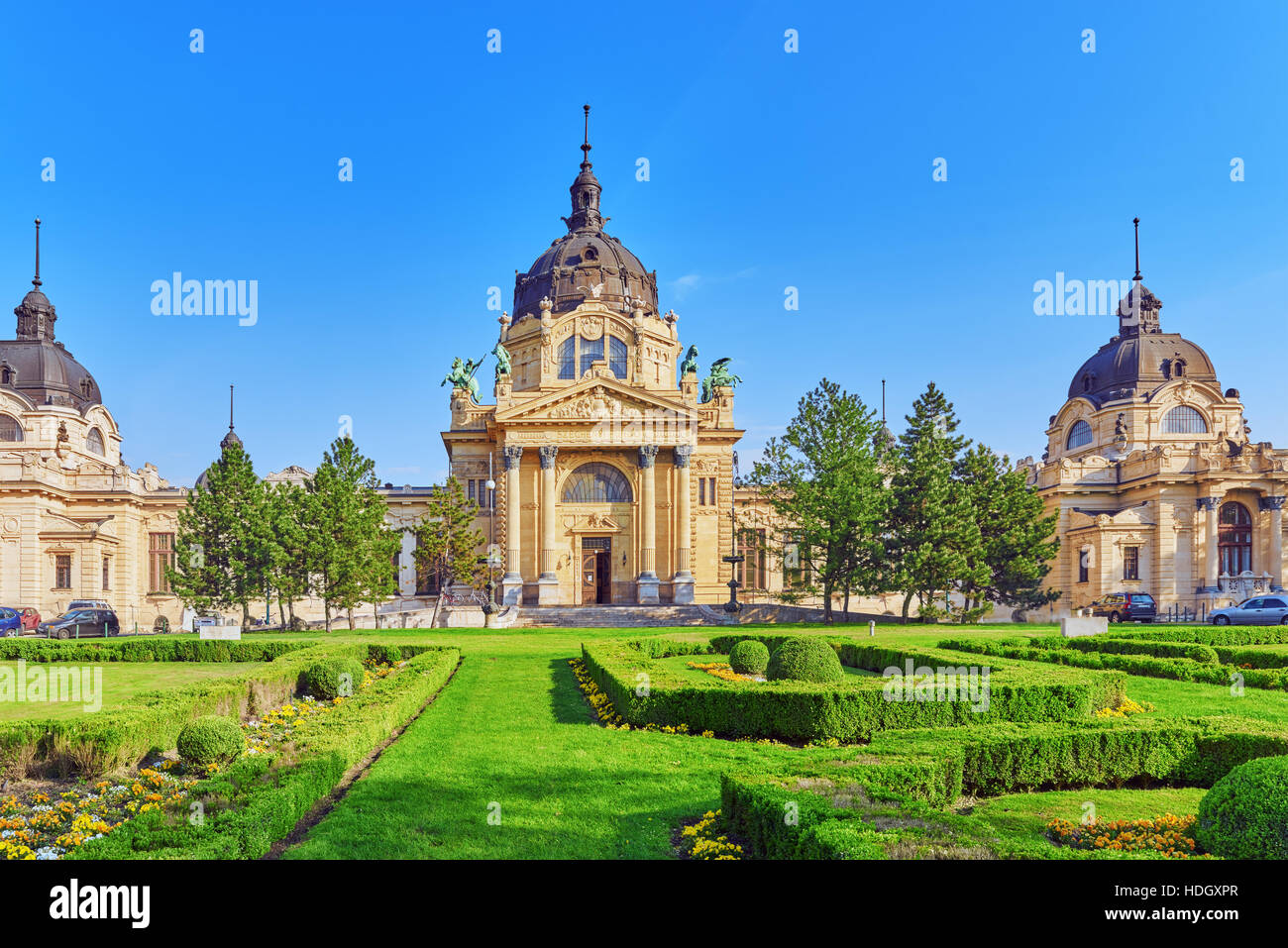 Main Entrance of  Szechenyi Baths, Hungarian thermal bath complex and spa treatments. Budapest. Stock Photo