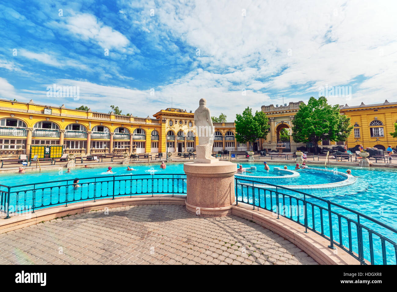 BUDAPEST, HUNGARY- MAY 05,2016: Courtyard of Szechenyi Baths, Hungarian thermal bath complex and spa treatments. Stock Photo