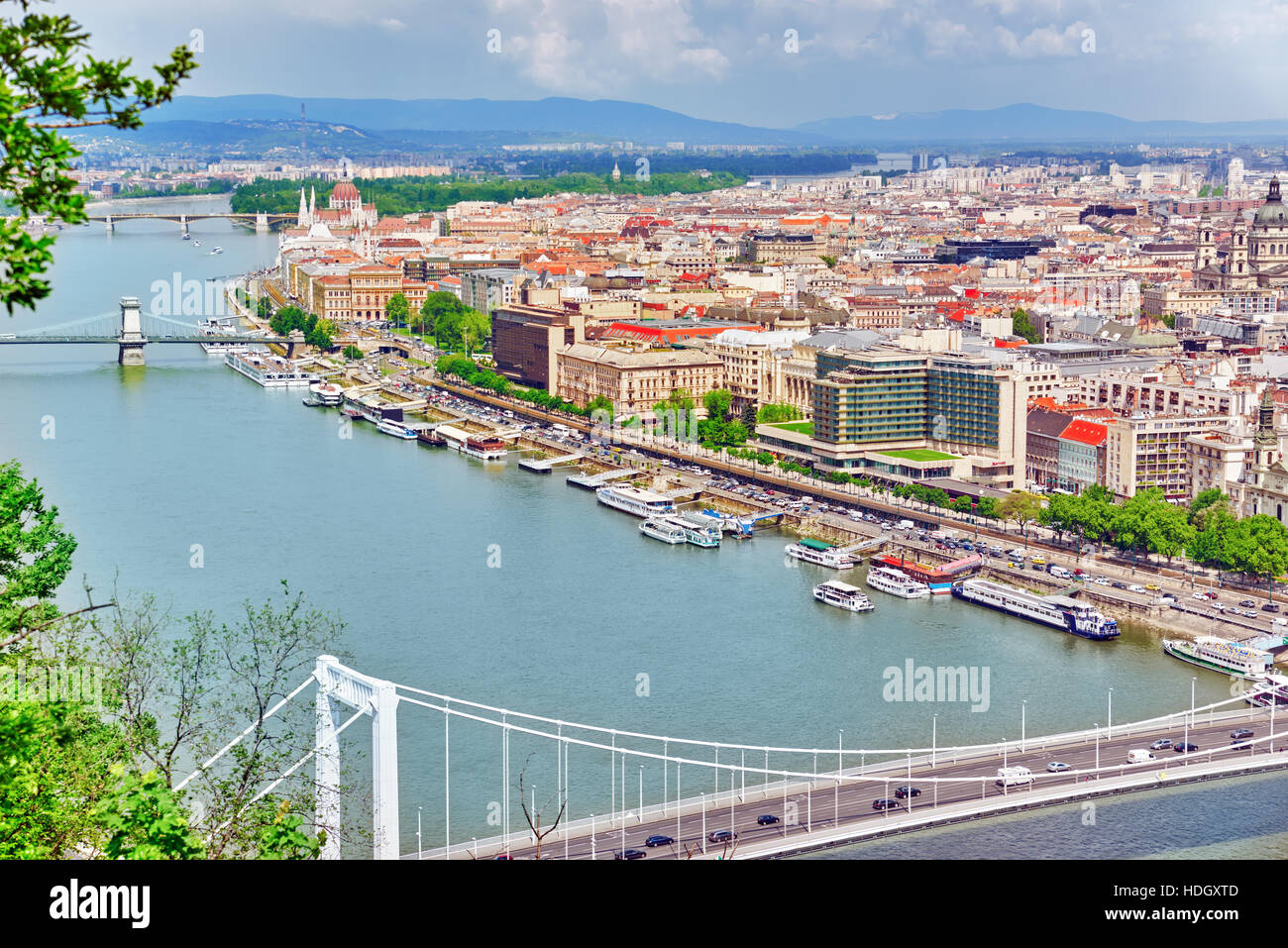 Panorama View on Elisabeth Bridge and Budapest,bridge connecting Buda and Pest across the River Danube. Stock Photo