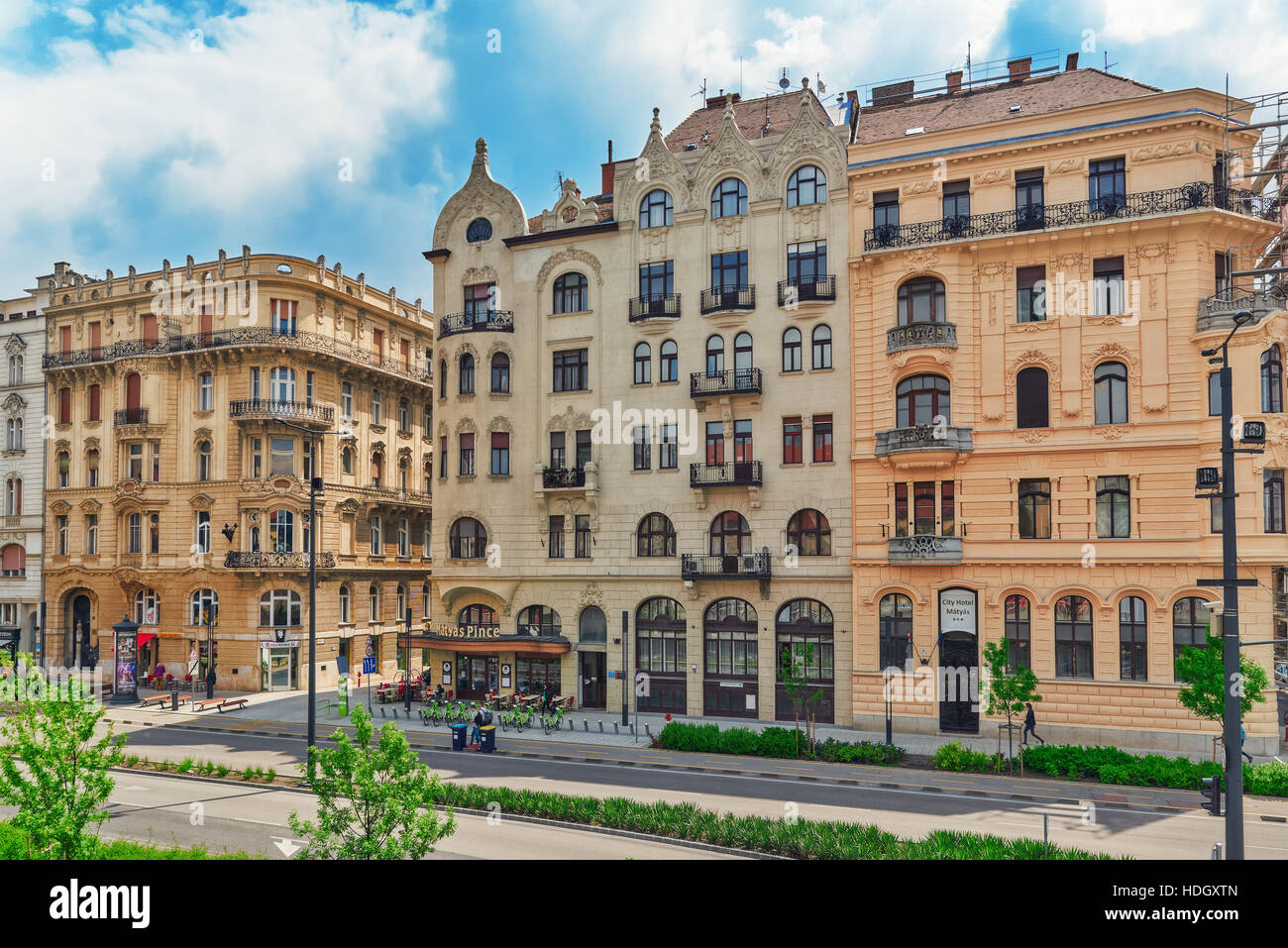 BUDAPEST,HUNGARY-MAY 05,2016:Beautiful landscape urban view,city streets,people,architecture of the Budapest,capital of Hungary. Stock Photo