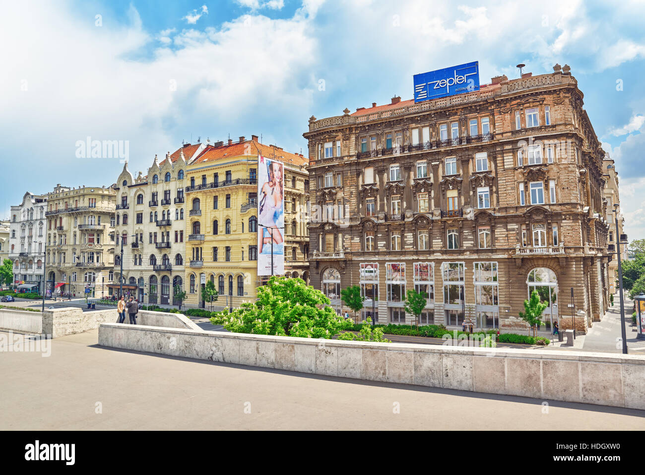 BUDAPEST,HUNGARY-MAY 05,2016:Beautiful landscape urban view,city streets,people,architecture of the Budapest,capital of Hungary. Stock Photo