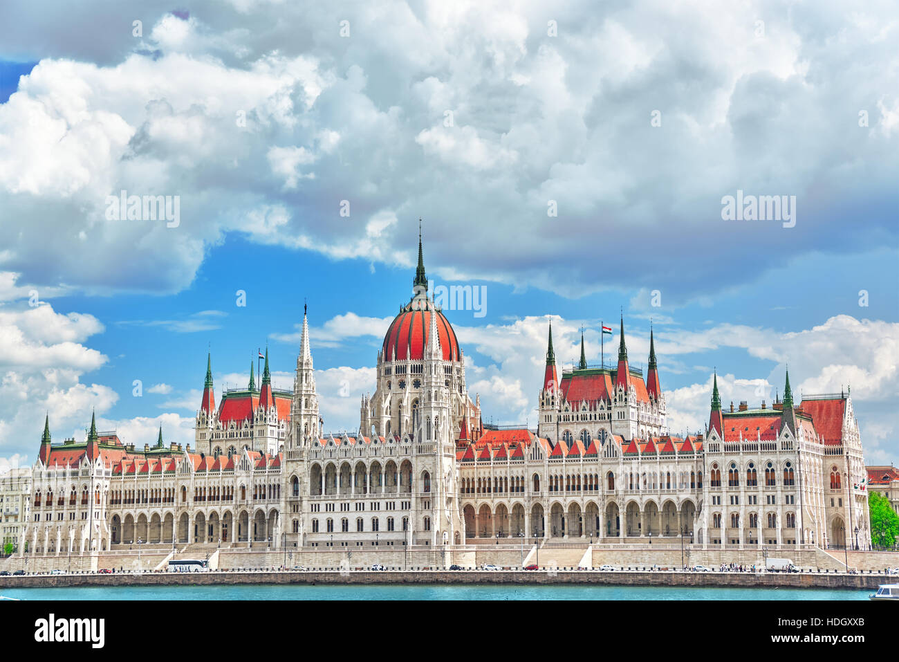 Hungarian Parliament at daytime. Budapest. View from Danube riverside.Hangary Stock Photo