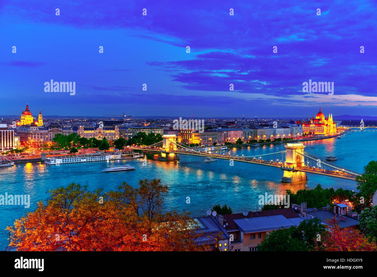Szechenyi Chain Bridge and Parliament at dusk from Fisherman Bastion. Budapest, Hungary. Stock Photo