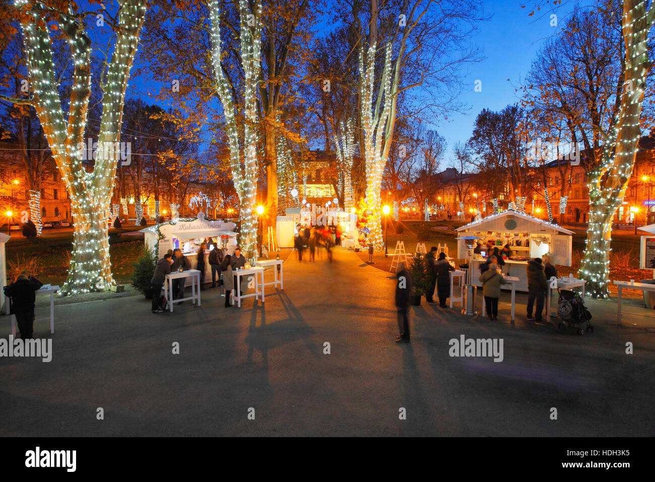 Illuminated trees on park Zrinjevac in Christmas time in Zagreb city Stock Photo