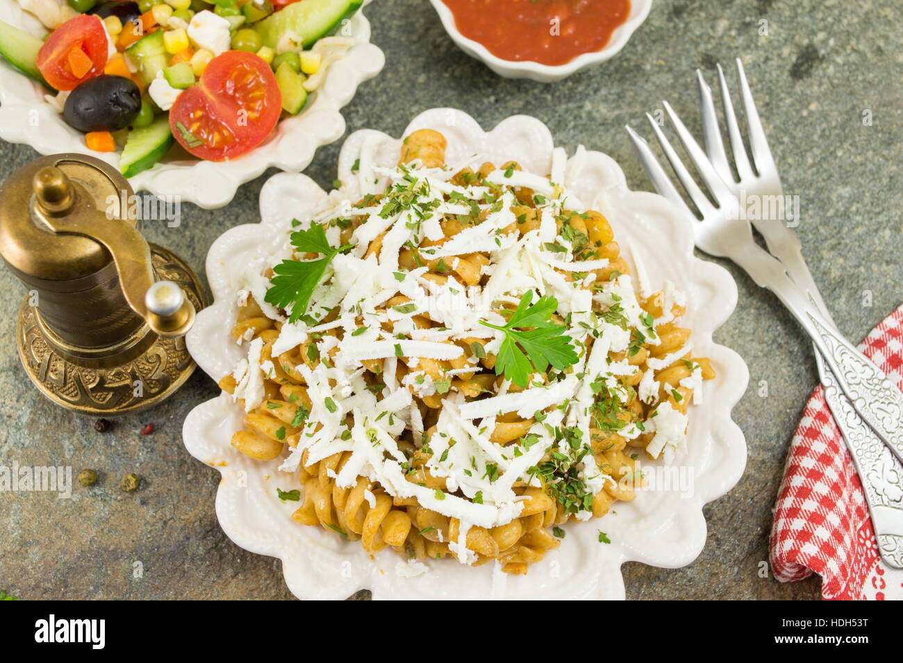 pasta with cotage cheese on a white plate Stock Photo