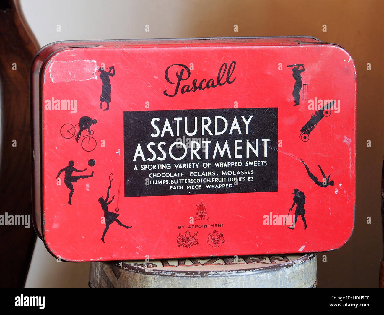 Pascall Saturday assortment tin in the museum of Yvette Dardenne Stock Photo