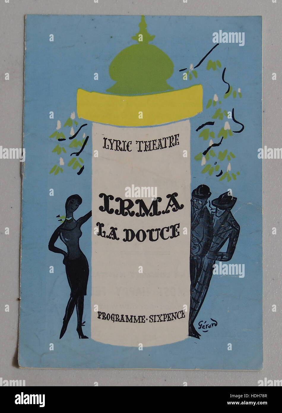 The program booklet for the musical 'Irma La Douce,' providing details on the production and its themes. The musical, set in Paris, tells a story of love and comedy with a distinctive 1960s flair. Stock Photo
