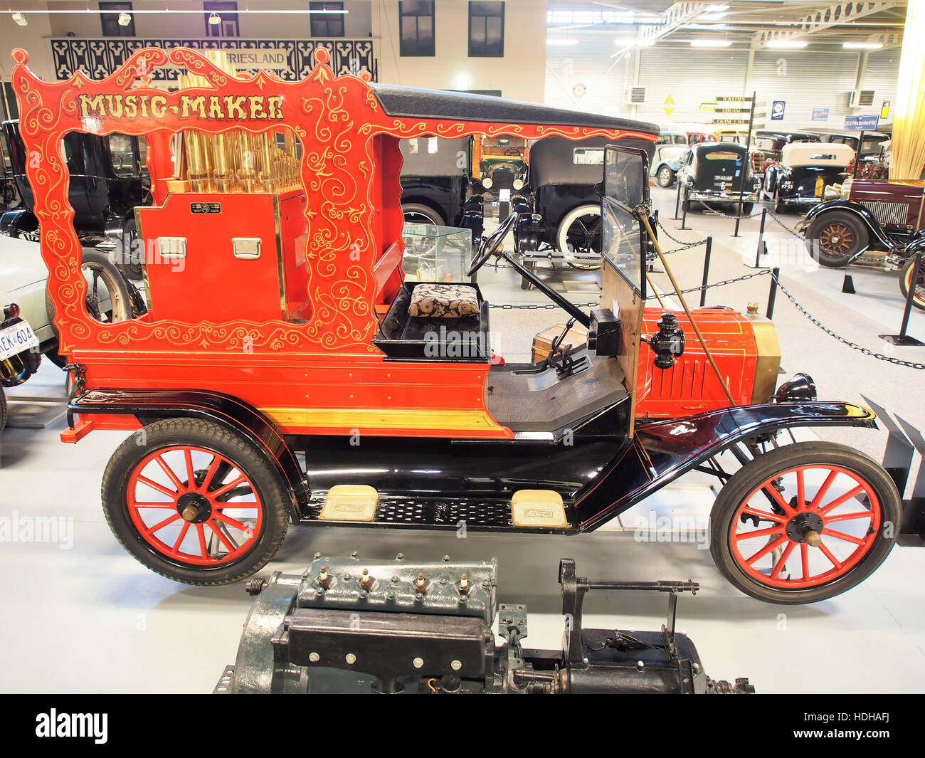 This 1916 Ford T is paired with a Calliaphone organ, showcasing an interesting combination of early 20th-century automotive and musical technology. The Ford T, known for its affordability and mass production, was a key part of automotive history, while the Calliaphone organ adds a unique musical touch to this vintage scene. Stock Photo