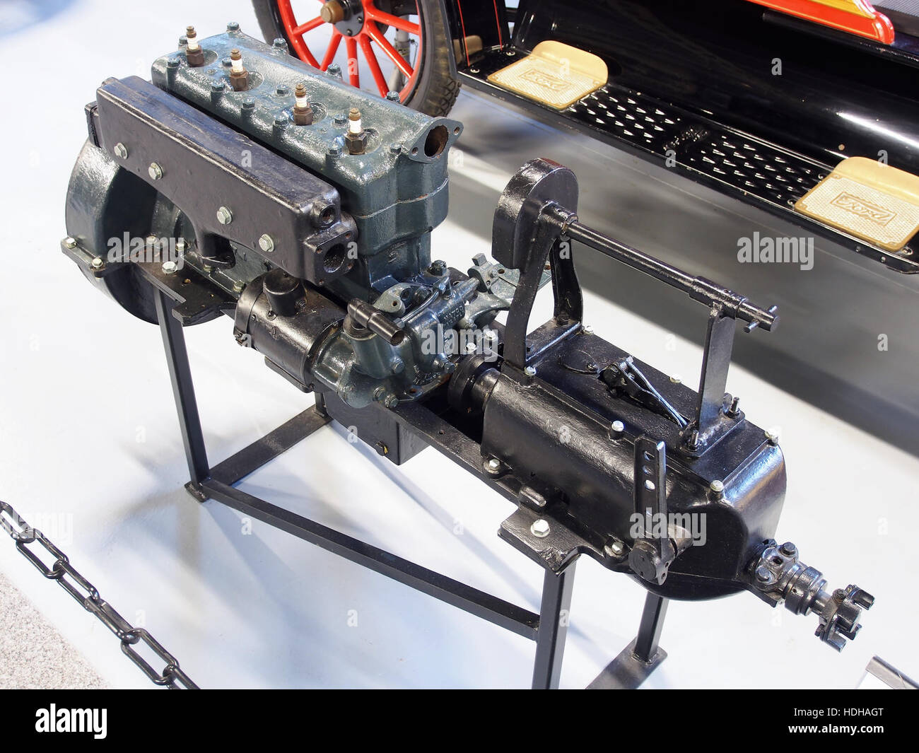 This image depicts a modified T-Ford engine with a reverse gear and ...
