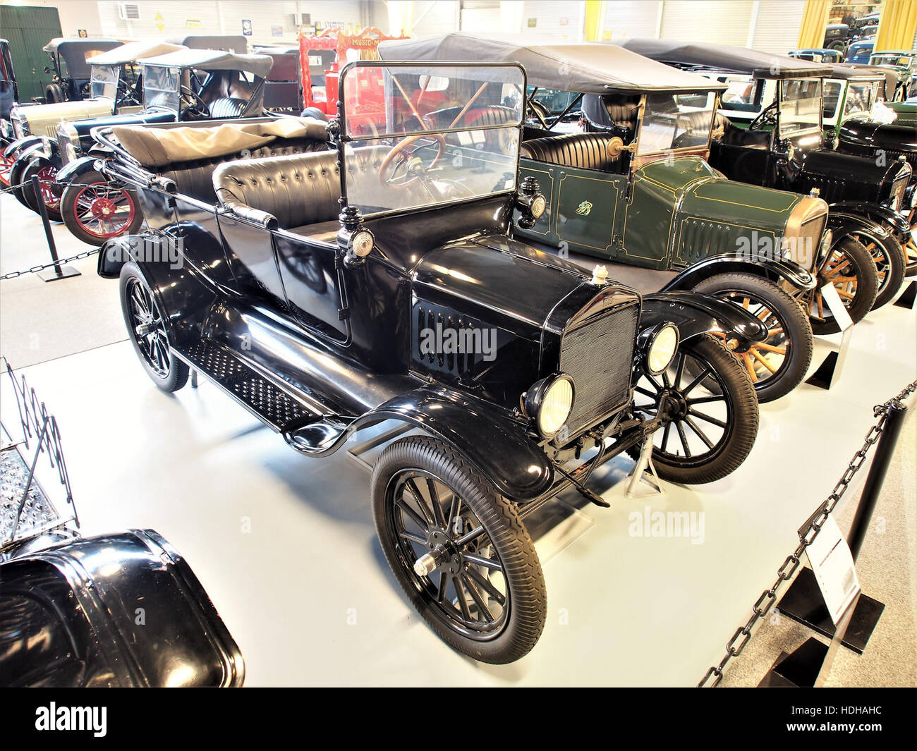 The 1916 Ford T Open Tourer is a classic automobile, part of the Model T series by Ford. This vehicle represents the early 20th-century automotive design, highlighting its open touring car style with the distinctive Ford engineering that revolutionized car production during that era. Stock Photo