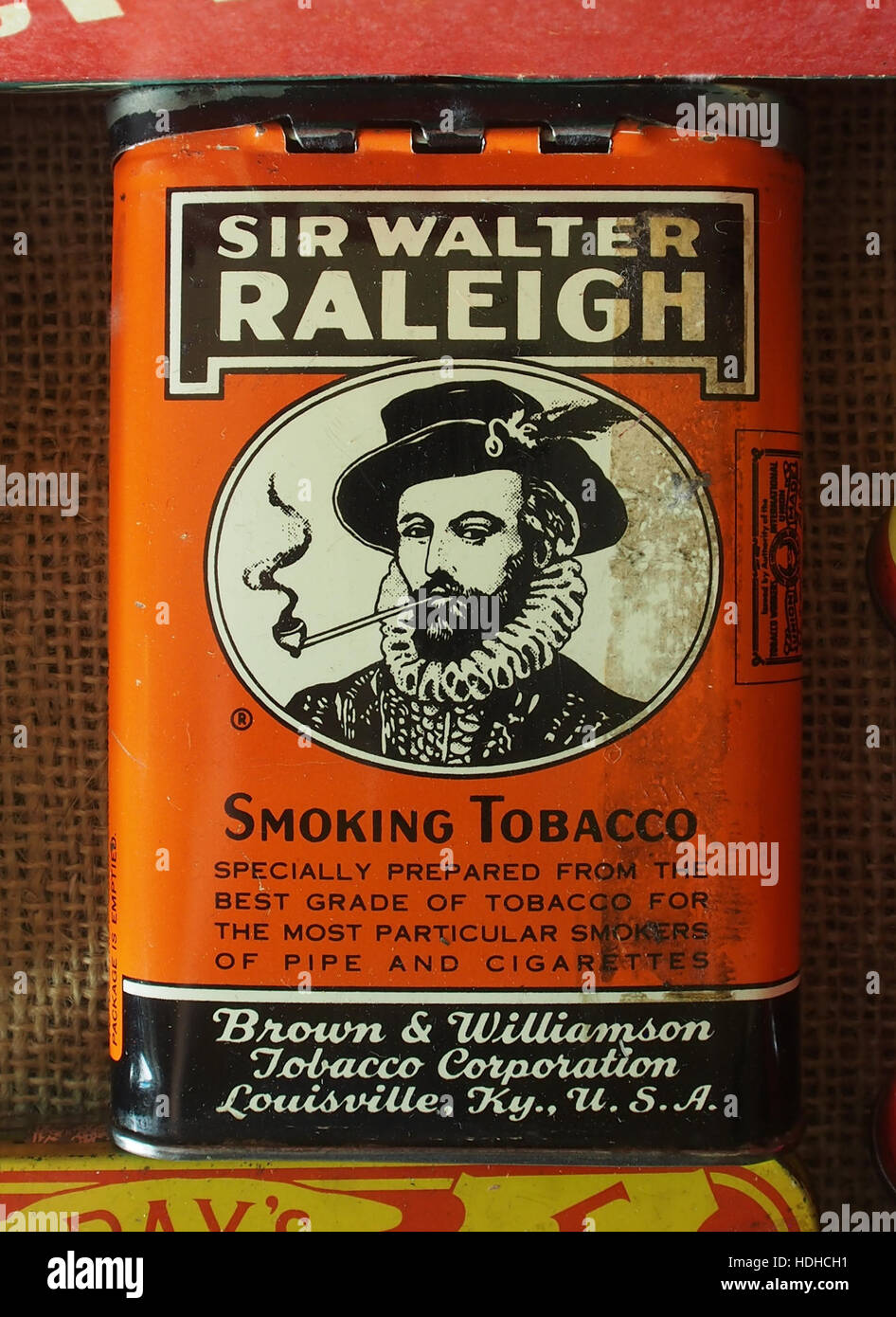 Sir Walter Raleigh Smoking Tobacco tin, Museum Winter 1944 in Gingelom Stock Photo