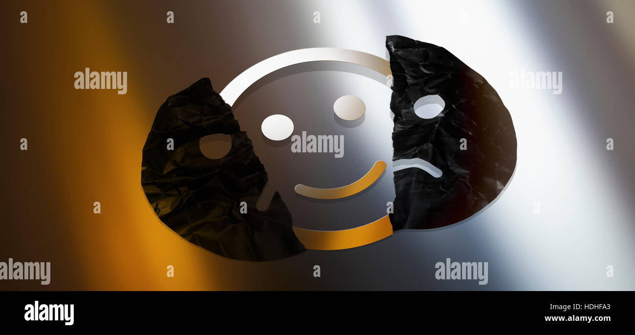 Digitally generated image of smiley face behind torn sad face against colored background Stock Photo