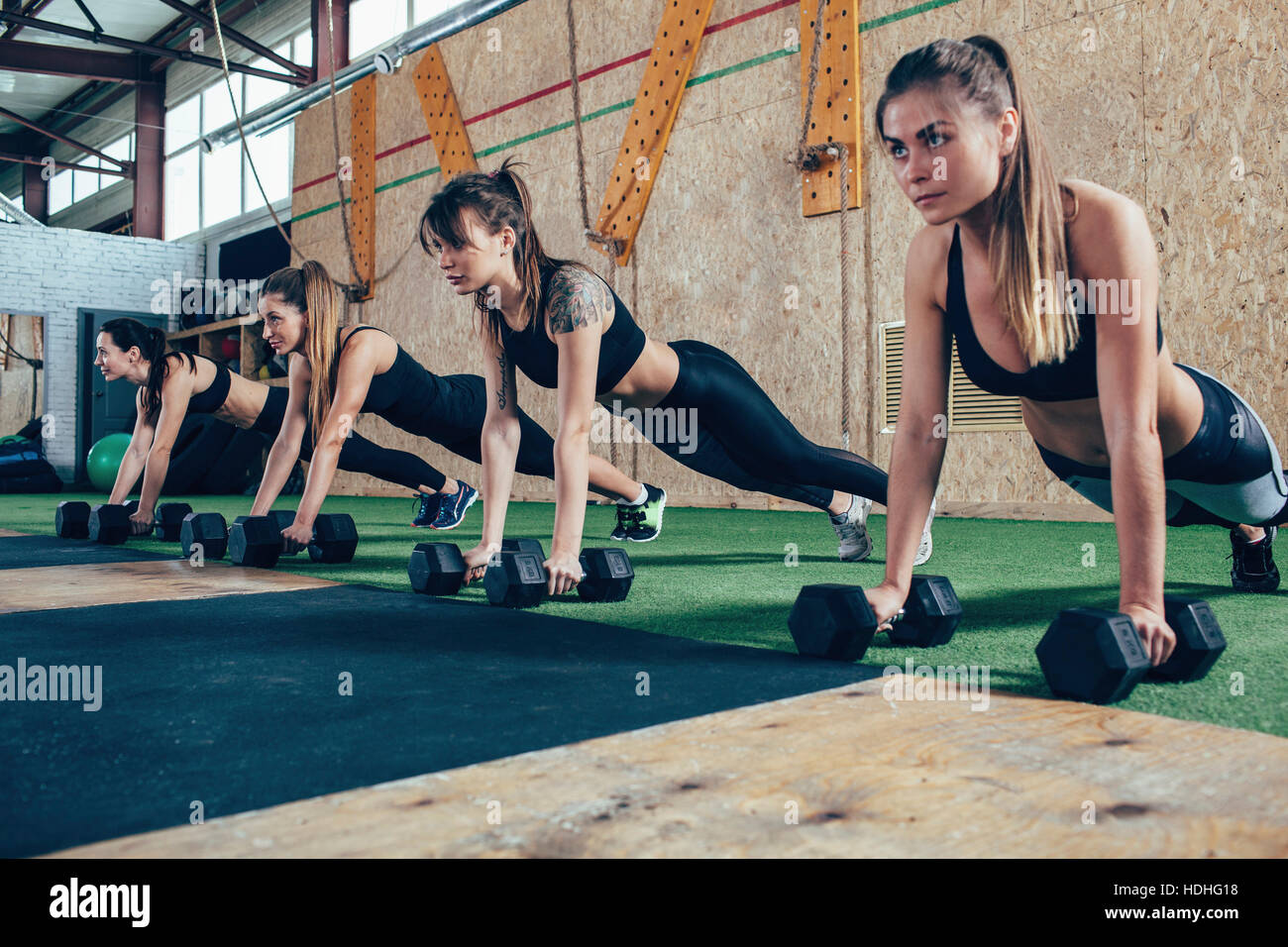 Determined female athletes doing push-ups on dumbbells at health club Stock Photo