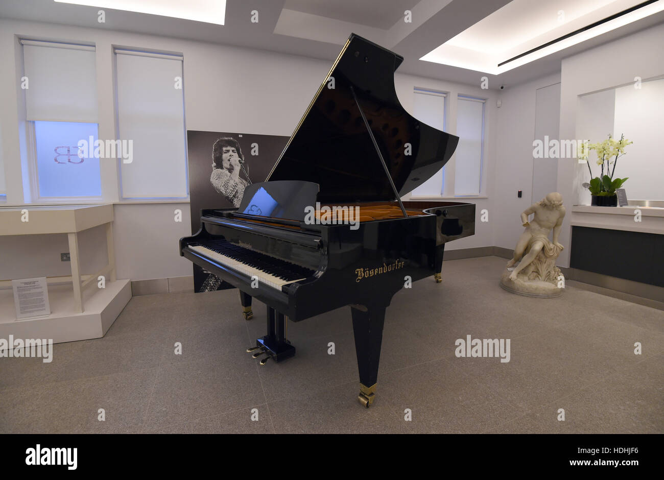 An Imperial Bosendorfer concert grand piano, played by Queen, Coldplay, Robbie Williams and Talk Talk on display ahead of the the Entertainment Memorabilia Sale at Bonhams in Knightsbridge, London later this week. Stock Photo