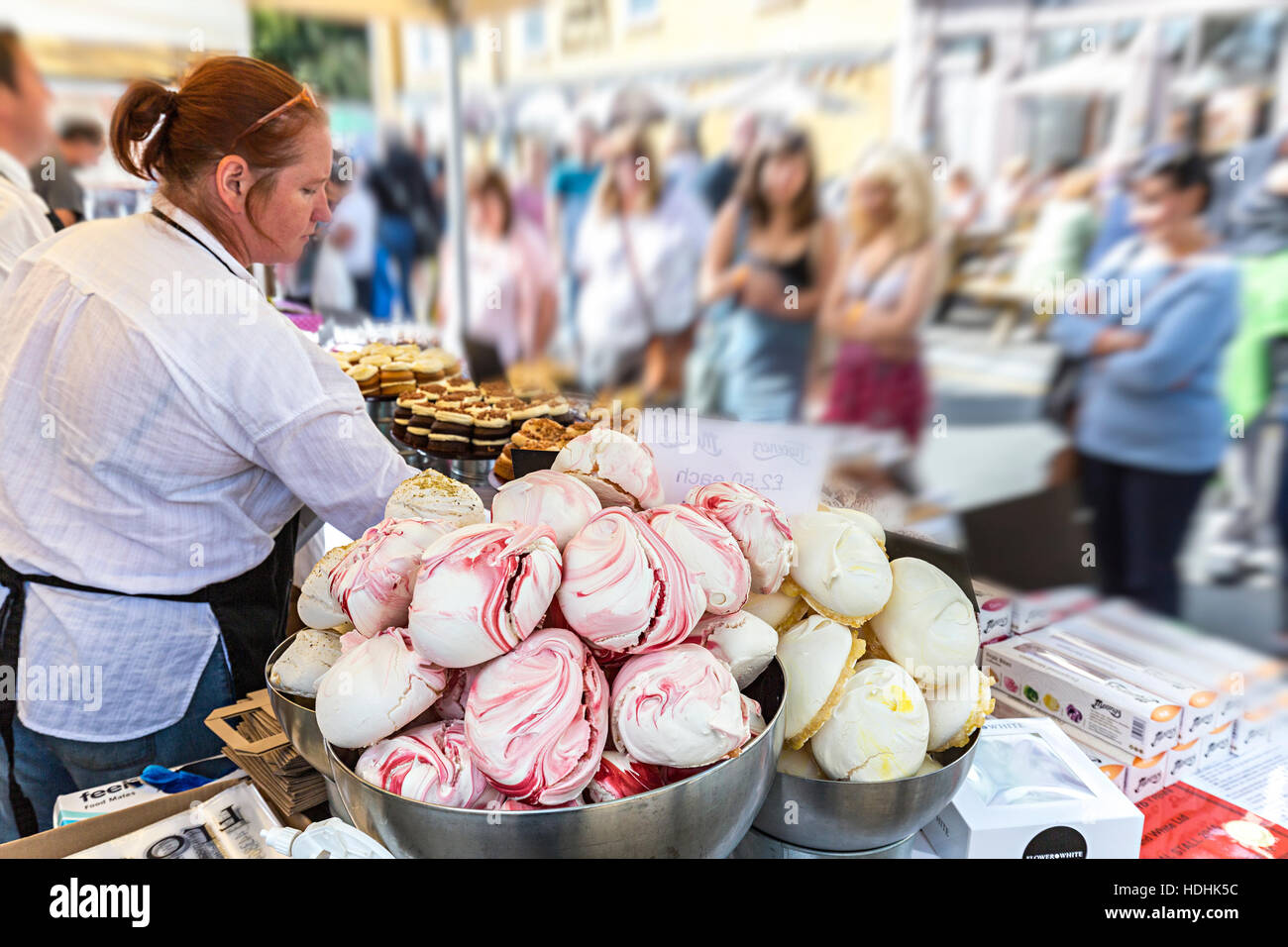 Meringues on sale on market stall at the Abergavenny Food festival