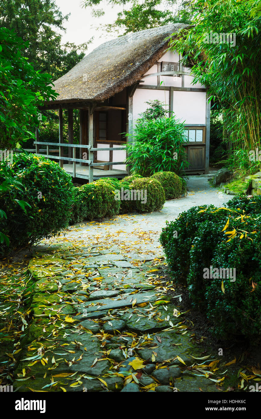 A small thatched building in a garden. Stock Photo