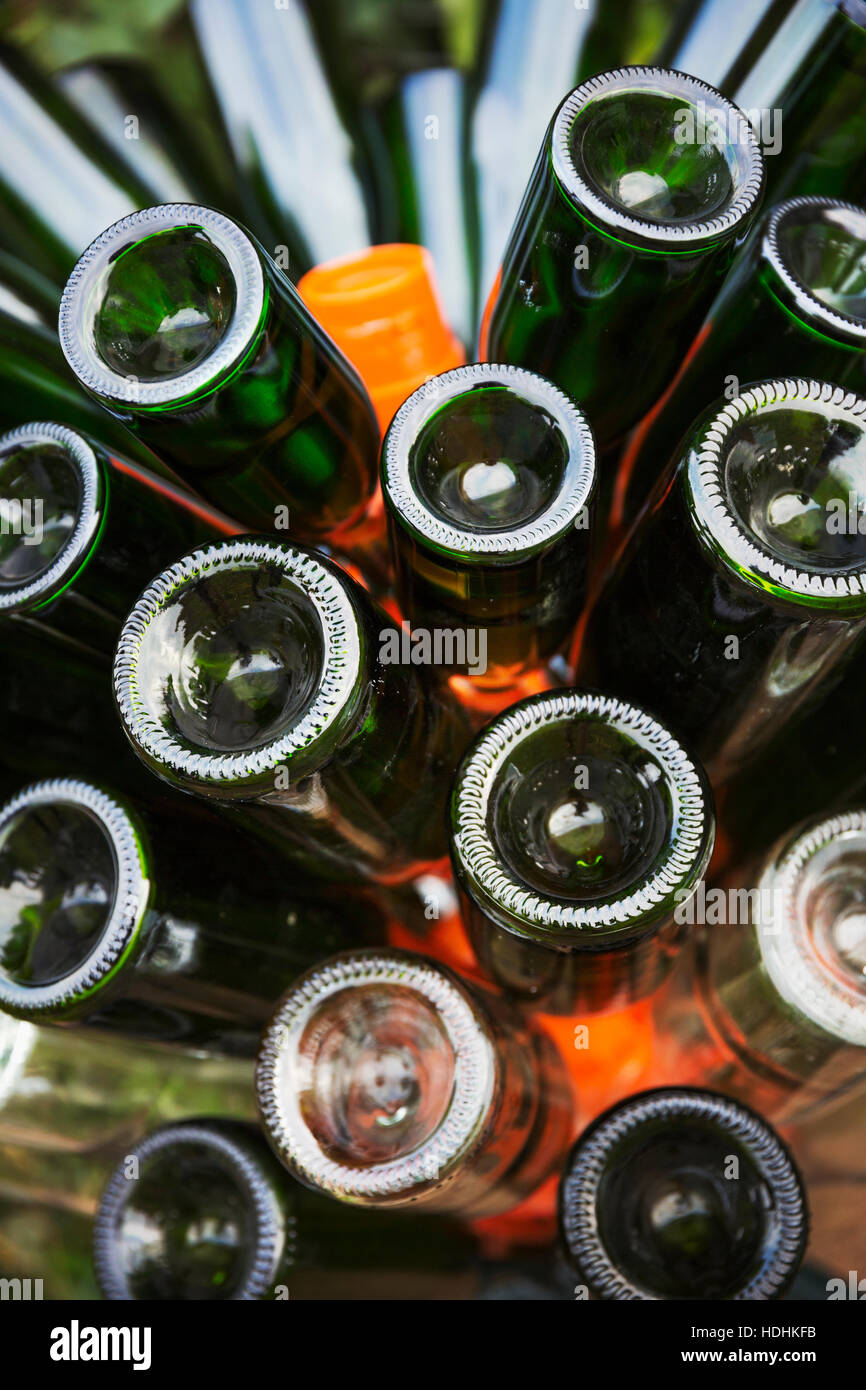 Glass bottles in a bin, green bottles Stock Photo Alamy