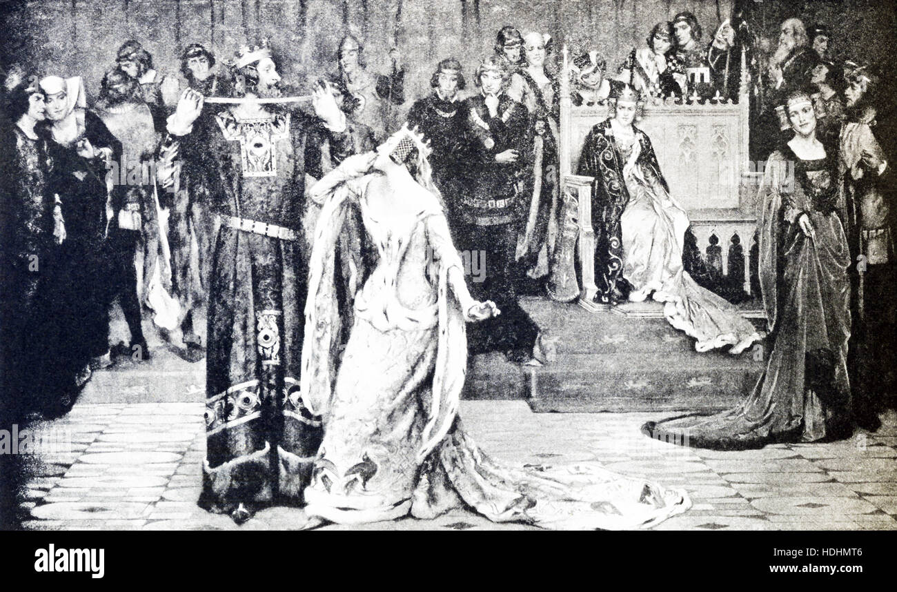 The Order of the Garter is the oldest national order of knighthood in continuous existence. It includes the ruling monarch of Great Britain and not more than 25 full members. The monarch alone grants membership. King Edward is said to have founded the Order in 1348 as a 'society, fellowship, and college of knights.' There are tales of its origin. The one depicted  here in this 1915 illustration shows the Countess of Salisbury (may have been Joan of Kent) dancing with (or perhaps near) King Edward at Eltham Palace. Her garter holding her stockings is said to have slipped and courtiers laughed a Stock Photo