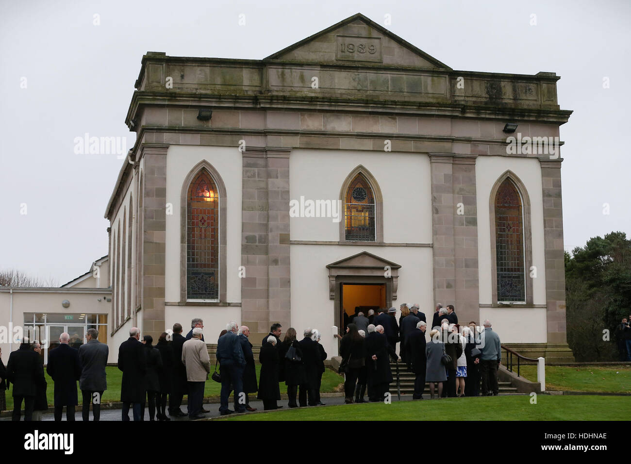 Mourners attend a Service of Thanksgiving for Northern Ireland journalist Austin Hunter at Second Presbyterian Church in Comber, Newtownards. Stock Photo