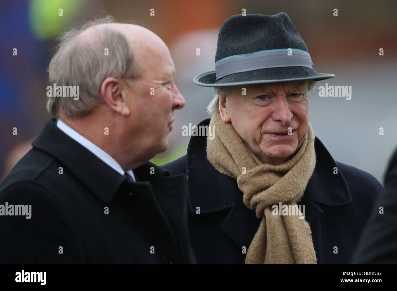 Politician Jim Allister and journalist Seamus McKee attend a Service of Thanksgiving for Northern Ireland journalist Austin Hunter at Second Presbyterian Church in Comber, Newtownards. Stock Photo