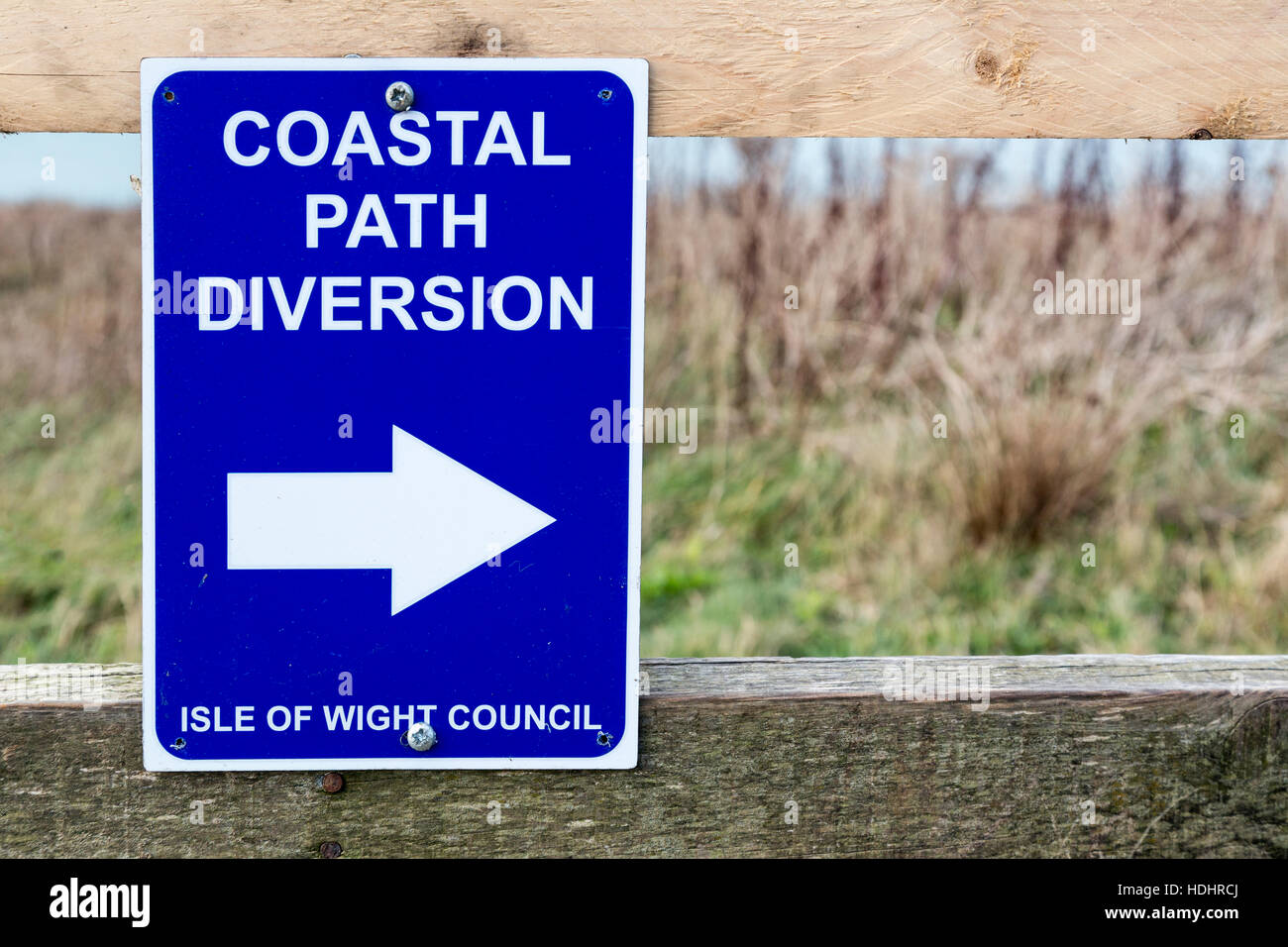 Coastal path diversion sign due to cliff erosion, Compton Down, Isle of Wight, UK Stock Photo