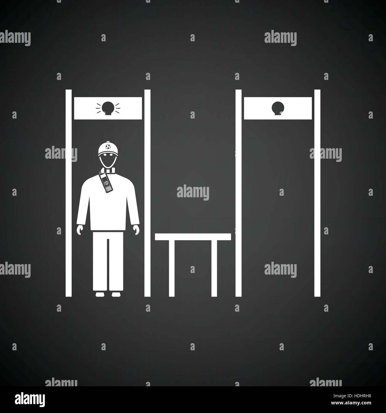 Stadium metal detector frame with inspecting fan icon. Black background with white. Vector illustration. Stock Vector