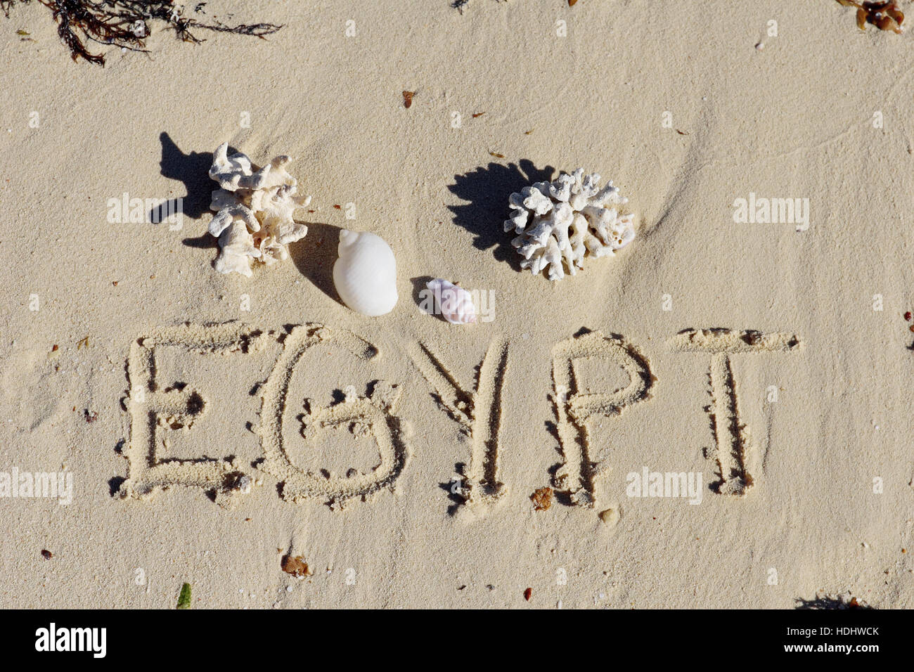 Inscription " Egypt" on a sand n a  beach. Stock Photo
